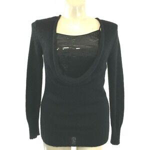 Lafayette 148 NY Sweater MED Black Wool Bl Cowl Scoop Satin Sequin Cami Top